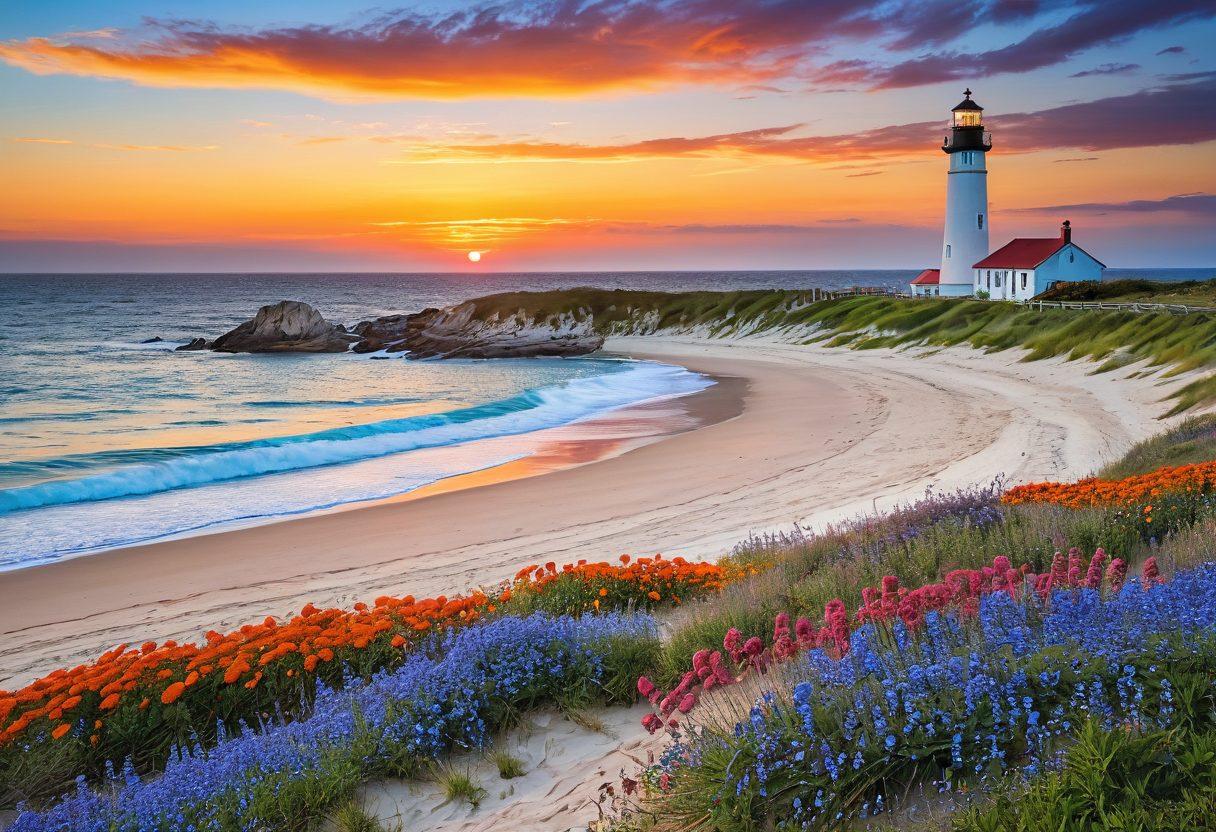 A serene coastal scene featuring a sandy beach at sunset, with soft waves gently lapping the shore. Highlight colorful beach umbrellas, families enjoying the sun, and vibrant wildflowers in the foreground. Include a lighthouse in the distance, symbolizing hope and adventure. Capture the warmth of a joyful escape with a palette of warm oranges and cool blues. super-realistic. vibrant colors.
