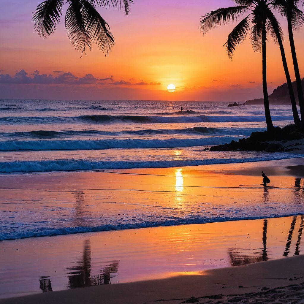 A serene coastal scene showcasing a sunset over a tranquil beach, dotted with colorful beach umbrellas and footprints in the sand. Include joyful families building sandcastles and surfers catching waves in the distance. Lush palm trees frame the ocean view, symbolizing happiness and relaxation. The sky transitions from orange to purple, capturing the essence of a perfect seaside retreat. super-realistic. vibrant colors. serene atmosphere.