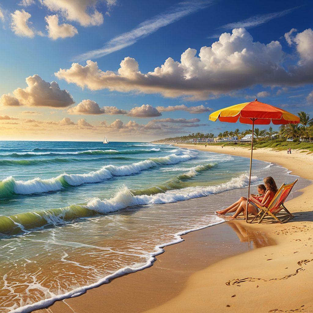 A serene beach scene with golden sands and gentle waves lapping at the shore, under a bright blue sky dotted with fluffy white clouds. Vibrant beach umbrellas in various colors dot the landscape, while a relaxed family enjoys a picnic and kids build sandcastles. In the distance, sailboats glide on the sparkling ocean, embodying the spirit of joyful marine getaways. Capture the essence of summer and leisure. super-realistic. vibrant colors. warm tones.